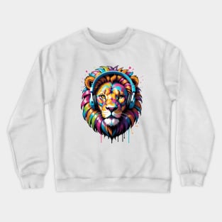 Vibrant Lion Groove: Colorful Majesty with Headphones Crewneck Sweatshirt